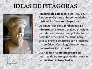 IDEAS DE PITÁGORAS Pitágoras de Samos  (h. 570 – 480 a.C.) fundou en Crotona unha comunidade místico-filosófica,  os pitagóricos . Os pitagóricos consideraban que  os números  constitúen o  arxé  ou principio de todas as cousas e que, polo tanto, permiten describir a realidade porque esta se ordena de acordo con principios matemáticos. Cos pitagóricos comeza a  matematización do real . Crían tamén na  metempsicose  ou doutrina da transmigración das almas e no  dualismo antropolóxico . 