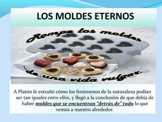 LOS MOLDES ETERNOS
A Platón le extrañó cómo los fenómenos de la naturaleza podían
ser tan iguales entre ellos, y llegó a la conclusión de que debía de
haber moldes que se encuentran “detrás de” todo lo que
vemos a nuestro alrededor.
 