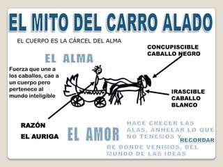 EL CUERPO ES LA CÁRCEL DEL ALMA
                                     CONCUPISCIBLE
                                     CABALLO NEGRO

Fuerza que une a
los caballos, cae a
un cuerpo pero
pertenece al                              IRASCIBLE
mundo inteligible                         CABALLO
                                          BLANCO


    RAZÓN
    EL AURIGA
 
