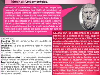 ESCARPADA Y EMPINADA CUESTA.- Es una imagen que
representa al conocimiento. Para Platón el conocimiento es
dialéctica, un duro camino para pasar desde la ignorancia hasta
la sabiduría. Pero la dialéctica en Platón tiene dos sentidos:
ascendente, que representa el camino para llegar a las Ideas y
en el mito está reflejado en el camino que recorre el esclavo
liberado; y descendente, que representa el camino desde las
Ideas a los objetos sensibles y en el mito está reflejado por el
regreso del esclavo liberado que quiere compartir con otros lo
que ha aprendido y rescatarlos de su ignorancia.
IDEA DEL BIEN.- Es la idea principal de la filosofía
platónica. En la jerarquía de las ideas, ocupa el
lugar más alto, porque, aunque es la última que se
descubre, es la causa de la existencia de los seres
sensibles y también la causa de las demás ideas.
Platón la compara con el sol, porque de la misma
manera que el sol permite que la vista perciba los
objetos sensibles, así también el Bien permite que la
inteligencia comprenda las ideas. Según Platón esta
idea está en el alma de todo ser humano, pero si
este no recibe la educación adecuada no la
recordará nunca y, por consiguiente, no podrá ser
justo. Sin embargo, quien conoce esta idea
necesariamente actuará con justicia, en lo privado y
en lo público. Aquí Platón recibe la influencia del
intelectualismo moral de Sócrates.
Las ideas son:
Objetivas.- No son pensamientos sino modelos de
todo lo sensible.
Universales.- La idea es común a todos los objetos
sensibles.
Inmutables.- Las ideas no cambian, a diferencia de
las cosas sensibles que están en un devenir
constante.
Eternas e inmortales.- Las ideas no nacen ni mueren,
aunque nazcan y mueran las cosas sensibles.
Están jerarquizadas.- En la cúspide de todas las ideas
está la Idea del Bien, que es causa de las demás y
las abarca a todas. Por debajo de la Idea del Bien,
están Justicia, Belleza, Ser y Unidad; por debajo, las
ideas matemáticas y morales; y más abajo, las ideas
de las cosas sensibles.
 