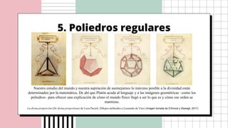 5. Poliedros regulares
La divina proporción (De divina proportione) de Luca Pacioli. Dibujos atribuidos a Leonardo da Vinci (Imagen tomada de D'Amore y Sbaragli, 2017)
Nuestro estudio del mundo y nuestra aspiración de asemejarnos lo máximo posible a la divinidad están
determinados por la matemática. De ahí que Platón acuda al lenguaje y a las imágenes geométricas –como los
poliedros– para ofrecer una explicación de cómo el mundo físico llegó a ser lo que es y cómo ese orden se
mantiene.
 