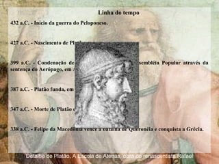 Linha do tempo
432 a.C. - Início da guerra do Peloponeso.
427 a.C. - Nascimento de Platão.
399 a.C. - Condenação de Sócrates à morte pela Assembléia Popular através da
sentença do Aerópago, em Atenas.
387 a.C. - Platão funda, em Atenas, a Academia.
347 a.C. - Morte de Platão em Atenas.
338 a.C. - Felipe da Macedônia vence a batalha de Queronéia e conquista a Grécia.
Detalhe de Platão, A Escola de Atenas, obra do renascentista Rafael
 