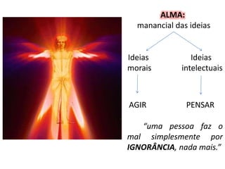 ALMA:
manancial das ideias
Ideias
morais
Ideias
intelectuais
PENSARAGIR
“uma pessoa faz o
mal simplesmente por
IGNORÂNCIA, nada mais.”
 