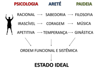 ORDEM FUNCIONAL E SISTÊMICA
APETITIVA
IRASCÍVEL
RACIONAL SABEDORIA
CORAGEM
TEMPERANÇA
FILOSOFIA
MÚSICA
GINÁSTICA
ESTADO IDEAL
 