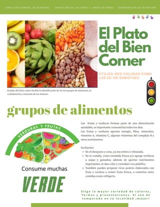 grupos de alimentos
El Plato
del Bien
Comer
UTILIZA SUS COLORES COMO
LOS DE UN SEMÁFORO
En el desayuno y cena, ya sea entera o rebanada.
En la comida, como ensalada fresca y/o agrega verduras
a sopas y guisados; además de aportar nutrimentos
importantes, le dan color y variedad a tus platillos.
También puedes preparar ricos postres elaborados con
fruta o verdura o comer fruta fresca, o comerlos entre
comidas como refrigerio.
Las frutas y verduras forman parte de una alimentación
saludable; es importante consumirlas todos los días.
Las frutas y verduras aportan energía, fibra, minerales,
vitamina A, vitamina C, algunas vitaminas del complejo B y
otros nutrimentos.
Inclúyelas:
El plato del bien comer facilita la identificación de los tres grupos de alimentos, la
combinación y variación de los mismos.
VERDE E l i g e l a m a y o r v a r i e d a d d e c o l o r e s ,
f o r m a s y p r e s e n t a c i o n e s . S i s o n d e
t e m p o r a d a e n t u l o c a l i d a d ¡ m e j o r !
Consume muchas
D I R E C C I Ó N G E N E R A L D E P E R S O N A L D I R E C C I Ó N D E L O S C E N D I Y J A R D Í N D E N I Ñ O S C O O R D I N A C I Ó N D E N U T R I C I Ó N
 