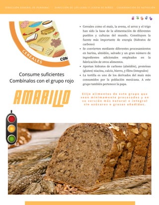 Cereales como el maíz, la avena, el arroz y el trigo
han sido la base de la alimentación de diferentes
pueblos y culturas del mundo. Constituyen la
fuente más importante de energía (hidratos de
carbono)
Se convierten mediante diferentes procesamientos
en harina, almidón, salvado y un gran número de
ingredientes adicionales empleados en la
fabricación de otros alimentos.
Aportan hidratos de carbono (almidón), proteínas
(gluten) niacina, calcio, hierro, y fibra (integrales)
La tortilla es uno de los derivados del maíz más
consumidos por la población mexicana. A este
grupo también pertenece la papa.
AMARILLO
AMARILLO
AMARILLO
E l i j e a l i m e n t o s d e e s t e g r u p o q u e
s e a n m í n i m a m e n t e p r o c e s a d o s y e n
s u v e r s i ó n m á s n a t u r a l o i n t e g r a l
s i n a z ú c a r e s o g r a s a s a ñ a d i d a s .
Consume suficientes
Combínalos con el grupo rojo
D I R E C C I Ó N G E N E R A L D E P E R S O N A L D I R E C C I Ó N D E L O S C E N D I Y J A R D Í N D E N I Ñ O S C O O R D I N A C I Ó N D E N U T R I C I Ó N
 