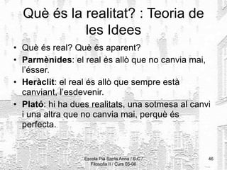 Escola Pia Santa Anna / S.C./
Filosofia II / Curs 05-06
46
Què és la realitat? : Teoria de
les Idees
• Què és real? Què és aparent?
• Parmènides: el real és allò que no canvia mai,
l’ésser.
• Heràclit: el real és allò que sempre està
canviant, l’esdevenir.
• Plató: hi ha dues realitats, una sotmesa al canvi
i una altra que no canvia mai, perquè és
perfecta.
 
