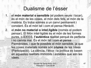 Escola Pia Santa Anna / S.C./
Filosofia II / Curs 05-06
47
Dualisme de l’ésser
1. el món material o sensible (el podem veure i tocar),
és el món de les coses, el món dels fets, el món de la
matèria. Es troba sotmès a un canvi permanent i
constant. És el món tal i com el pensa Heràclit.
2. el món no material o intel.ligible (només el podem
pensar). El Món intel·ligible és el món de les formes
pures, o IDEES, l’autèntica realitat perquè és perfecta
i no canvia mai. És el món tal i com el pensa
Parmènides, i que fa possible el món sensible, ja que
les coses materials només són còpies de les Idees
(Participació). La ciència, l’ètica i la política es basen
en aquestes realitats immòbils i estables que són les
Idees.
 