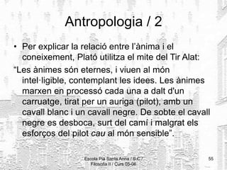 Escola Pia Santa Anna / S.C./
Filosofia II / Curs 05-06
55
Antropologia / 2
• Per explicar la relació entre l’ànima i el
coneixement, Plató utilitza el mite del Tir Alat:
“Les ànimes són eternes, i viuen al món
intel·ligible, contemplant les idees. Les ànimes
marxen en processó cada una a dalt d'un
carruatge, tirat per un auriga (pilot), amb un
cavall blanc i un cavall negre. De sobte el cavall
negre es desboca, surt del camí i malgrat els
esforços del pilot cau al món sensible”.
 