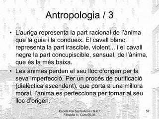 Escola Pia Santa Anna / S.C./
Filosofia II / Curs 05-06
57
Antropologia / 3
• L’auriga representa la part racional de l’ànima
que la guia i la condueix. El cavall blanc
representa la part irascible, violent... i el cavall
negre la part concupiscible, sensual, de l’ànima,
que és la més baixa.
• Les ànimes perden el seu lloc d’origen per la
seva imperfecció. Per un procés de purificació
(dialèctica ascendent), que porta a una millora
moral, l’ànima es perfecciona per tornar al seu
lloc d’origen.
 