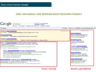 Gratis, moeilijk Betalen, gemakkelijk DOEL VAN GOOGLE: GEEF BEZOEKER MEEST RELEVANTE PAGINA’S Onze vriend meneer Google 