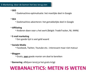 SEO Zoekmachine-optimalisatie: het moeilijke deel in Google SEA Zoekmachine-adverteren: het gemakkelijke deel in Google Affiliating Anderen doen voor u het werk (België: TradeTracker, NL: M4N) E-mail marketing Een goede lijst is veel geld waard Sociale Media Facebook, Twitter, Youtube etc.: interessant maar niet matuur Bloggen Gratis,  zeer  goede manier om doel te bereiken Bannering : afblijven tenzij je het gratis krijgt E-Marketing: door de bomen het bos terug zien WEBANALYTICS: METEN IS WETEN 