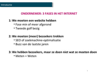 ONDERNEMER: 3 FASES IN HET INTERNET 1: We moeten een website hebben Fase min of meer afgerond Tweede golf bezig 2: We moeten (meer) bezoekers trekken SEO of zoekmachine-optimalisatie Buzz van de laatste jaren 3: We hebben bezoekers, maar ze doen niet wat ze moeten doen Meten = Weten Introductie 