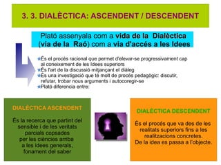 3. 3. DIALÈCTICA: ASCENDENT / DESCENDENT

           Plató assenyala com a vida de la Dialèctica
          (via de la Raó) com a via d'accés a les Idees
           És el procés racional que permet d'elevar-se progressivament cap
           al coneixement de les Idees superiors
           És l'art de la discussió mitjançant el diàleg
           És una investigació que té molt de procés pedagògic: discutir,
           refutar, trobar nous arguments i autocoregir-se
           Plató diferencia entre:



DIALÈCTICA ASCENDENT
                                                    DIALÈCTICA DESCENDENT
És la recerca que partint del
                                                    És el procés que va des de les
  sensible i de les veritats
                                                     realitats superiors fins a les
      parcials copsades
                                                        realitzacions concretes.
   per les ciències arriba
                                                    De la idea es passa a l’objecte.
    a les idees generals,
     fonament del saber
 