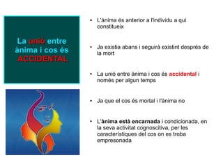 ●   L'ànima és anterior a l'individu a qui
                     constitueix

 La unió entre
                     Ja existia abans i seguirà existint després de
ànima i cos és
                 ●

                     la mort
 ACCIDENTAL
                 ●   La unió entre ànima i cos és accidental i
                     només per algun temps


                 ●   Ja que el cos és mortal i l'ànima no


                 ●   L'ànima està encarnada i condicionada, en
                     la seva activitat cognoscitiva, per les
                     característiques del cos on es troba
                     empresonada
 
