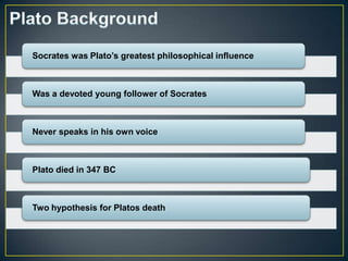 Socrates was Plato’s greatest philosophical influence



Was a devoted young follower of Socrates



Never speaks in his own voice



Plato died in 347 BC



Two hypothesis for Platos death
 