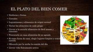 EL PLATO DEL BIEN COMER
• Verduras y frutas
• Cereales
• Leguminosas y alimentos de origen animal
• Variar los alimentos de cada grupo
• Llevar a la escuela alimentos de fácil acceso y
consumo
• Procurarle en casa alimentos de su agrado
• Si come fuera de casa, elegir lugares limpios y comida
corrida
• Ofrecerle por la noche la comida del día
• Llevar vida físicamente activa
 