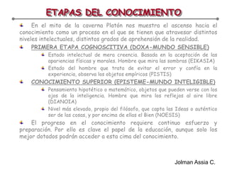 ETAPAS DEL CONOCIMIENTOEn el mito de la caverna Platón nos muestra el ascenso hacia el conocimiento como un proceso en el que se tienen que atravesar distintos niveles intelectuales, distintos grados de aprehensión de la realidad.PRIMERA ETAPA COGNOSCITIVA (DOXA-MUNDO SENSIBLE)Estado intelectual de mera creencia. Basada en la aceptación de las apariencias físicas y morales. Hombre que mira las sombras (EIKASIA)Estado del hombre que trata de evitar el error y confía en la experiencia, observa los objetos empíricos (PISTIS)CONOCIMIENTO SUPERIOR (EPISTEME-MUNDO INTELIGIBLE)Pensamiento hipotético o matemático, objetos que pueden verse con los ojos de la inteligencia. Hombre que mira los reflejos al aire libre (DIANOIA)Nivel más elevado, propio del filósofo, que capta las Ideas o auténtico ser de las cosas, y por encima de ellas el Bien (NOESIS)El progreso en el conocimiento requiere continuo esfuerzo y preparación. Por ello es clave el papel de la educación, aunque solo los mejor dotados podrán acceder a esta cima del conocimiento.Jolman Assia C.