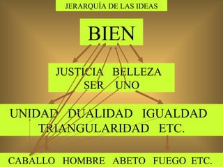 JERARQUÍA DE LAS IDEAS BIEN JUSTICIA  BELLEZA  SER  UNO UNIDAD  DUALIDAD  IGUALDAD  TRIANGULARIDAD  ETC. CABALLO  HOMBRE  ABETO  FUEGO  ETC.  