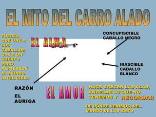 EL MITO DEL CARRO ALADO RAZÓN EL AURIGA EL  ALMA IRASCIBLE CABALLO BLANCO CONCUPISCIBLE CABALLO NEGRO FUERZA QUE UNE A LOS CABALLOS, CAE A UN CUERPO PERO PERTENECE AL MUNDO INTELIGIBLE EL  AMOR HACE CRECER LAS ALAS, ANHELAR LO QUE NO TENEMOS Y RECORDAR DE DÓNDE VENIMOS, DEL MUNDO DE LAS IDEAS 
