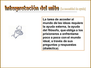 Interpretación del mito  La tarea de acceder al mundo de las ideas requiere la ayuda externa, la ayuda del filósofo, que obliga a los prisioneros a enfrentarse poco a poco con el mundo ideal, a través de sus preguntas y respuestas (dialéctica ). (La necesidad de ayuda) 