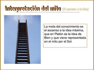 Interpretación del mito  La meta del conocimiento es el ascenso a la idea máxima, que en Platón es la idea de   Bien y que viene representada en el mito por el Sol. (El ascenso a la idea) 