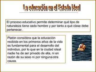 La educación en el Estado ideal  El proceso educativo permite determinar qué tipo de naturaleza tiene cada hombre y por tanto a qué clase debe pertenecer. Platón considera que la educación recibida en los primeros años de la vida es fundamental para el desarrollo del individuo, por lo que en la ciudad ideal nadie ha de ser privado de ella, ni en razón de su sexo ni por ninguna otra causa.  
