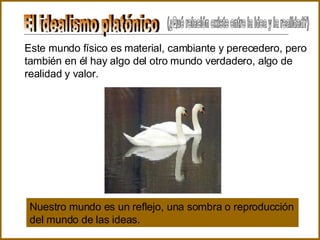El idealismo platónico (¿Qué relación existe entre la idea y la realidad?) Este mundo físico es material, cambiante y perecedero, pero también en él hay algo del otro mundo verdadero, algo de realidad y valor. Nuestro mundo es un reflejo, una sombra o reproducción del mundo de las ideas. 