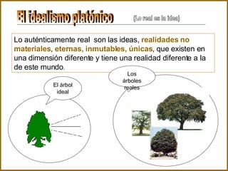 El idealismo platónico (Lo real es la idea) Lo auténticamente real   son las ideas,  realidades no   materiales ,  eternas, inmutables, únicas , que existen en una dimensión diferente y tiene una realidad diferente a la de este mundo .   El árbol ideal Los árboles reales 
