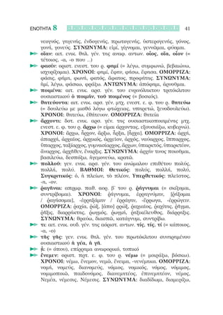 ΕΝΟΤΗΤΑ   8                                                          41

    νεογνός, γηγενής, ἐνδογενής, πρωτογενής, ὑστερογενής, γόνος,
    γονή, γονεύς. ΣΥΝΩΝΥΜΑ: εἰμί, γίγνομαι, γεννῶμαι, φύομαι.
  		οἵαν: αιτ. ενικ. θηλ. γέν. της αναφ. αντων. οἷος, οἵα, οἷον (=
    τέτοιος, -α, -ο που …)
  		φασίν: οριστ. ενεστ. του ρ. φημί (= λέγω, συμφωνώ, βεβαιώνω,
    ισχυρίζομαι). ΧΡΟΝΟΙ: φημί, ἔφην, φήσω, ἔφησα. ΟΜΟΡΡΙΖΑ:
    φάσις, φήμη, φωνή, φατός, ἄφατος, προφήτης. ΣΥΝΩΝΥΜΑ:
    ἠμί, λέγω, φάσκω, φράζω. ΑΝΤΩΝΥΜΑ: ἀπόφημι, ἀρνοῦμαι.
  		ποιμένα: αιτ. ενικ. αρσ. γέν. του ενρινόληκτου τριτόκλιτου
    ουσιαστικού ὁ ποιμήν, τοῦ ποιμένος (= βοσκός).
  		θητεύοντα: αιτ. ενικ. αρσ. γέν. μτχ. ενεστ. ε. φ. του ρ. θητεύω
    (= δουλεύω με μισθό λόγω φτώχειας, υπηρετώ, ξενοδουλεύω).
    ΧΡΟΝΟΙ: θητεύω, ἐθήτευον. ΟΜΟΡΡΙΖΑ: θητεία
  		ἄρχοντι: δοτ. ενικ. αρσ. γέν. της ουσιαστικοποιημένης μτχ.
    ενεστ. ε. φ. του ρ. ἄρχω (= είμαι άρχοντας, εξουσιάζω, κυβερνώ).
    ΧΡΟΝΟΙ: ἄρχω, ἦρχον, ἄρξω, ἦρξα, [ἦρχα]. ΟΜΟΡΡΙΖΑ: ἀρχή,
    ἀπαρχή, ἀρχαῖος, ἀρχικός, ἀρχεῖον, ἀρχός, ναύαρχος, ἵππαρχος,
    ὕπαρχος, ταξίαρχος, γυμνασίαρχος, ἄρχων, ὑπαρκτός, ὑπαρκτέον,
    ἄναρχος, ἀρχῆθεν, ἔναρξις. ΣΥΝΩΝΥΜΑ: ἀρχήν τινος ποιοῦμαι,
    βασιλεύω, δεσπόζω, ἡγεμονεύω, κρατῶ.
  		πολλοῦ: γεν. ενικ. αρσ. γέν. του ανώμαλου επιθέτου πολύς,
    πολλή, πολύ. ΒΑΘΜΟΙ: Θετικός: πολύς, πολλή, πολύ,
    Συγκριτικός: ὁ, ἡ πλείων, τὸ πλέον, Υπερθετικός: πλεῖστος,
    -η, -ον.
  		ῥαγῆναι: απρμφ. παθ. αορ. β’ του ρ. ῥήγνυμαι (= σκίζομαι,
    συντρίβομαι). ΧΡΟΝΟΙ: ῥήγνυμαι, ἐρρηγνύμην, [ῥήξομαι
    / ῥαγήσομαι], -ἐρρηξάμην / ἐρράγην, -ἔρρωγα, -ἐρρώγειν.
    ΟΜΟΡΡΙΖΑ: ῥαχία, ῥώξ, [ἀπο] ρρώξ, ῥαχιαῖος, ῥαχίτης, ῥῆγμα,
    ῥῆξις, διαρρήκτης, ῥωγμός, ῥωγμή, ῥηξικέλευθος, διάρρηξις.
    ΣΥΝΩΝΥΜΑ: θραύω, διασπῶ, κατάγνυμι, συντρίβω.
  		τι: αιτ. ενικ. ουδ. γέν. της αόριστ. αντων. τίς, τίς, τί (= κάποιος,
    -α, -ο)
  		τῆς γῆς: γεν. ενικ. θηλ. γέν. του πρωτόκλιτου συνηρημένου
    ουσιαστικού ἡ γέα, ἡ γῆ.
  		ᾗ: (= όπου), επίρρημα αναφορικό, τοπικό
  		ἔνεμεν: οριστ. πρτ. ε. φ. του ρ. νέμω (= μοιράζω, βόσκω).
    ΧΡΟΝΟΙ: νέμω, ἔνεμον, νεμῶ, ἔνειμα, -νενέμηκα. ΟΜΟΡΡΙΖΑ:
    νομή, νομεύς, διανομεύς, νόμιος, νομικός, νόμος, νόμιμος,
    νομιμοποιῶ, παιδονόμος, διανεμητέος, ἐπινεμητέον, νέμος,
    Νεμέα, νέμεσις, Νέμεσις. ΣΥΝΩΝΥΜΑ: διαδίδωμι, διαμερίζω,
 