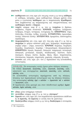 ΕΝΟΤΗΤΑ   9                                                           71

   		καθήμενον: αιτ. ενικ. αρσ. γέν. της μτχ. ενεστ. μ. φ. του ρ. κάθημαι
     (= κάθομαι, ησυχάζω, είμαι καθισμένος). Δόκιμοι χρόνοι είναι
     μόνο ο ενεστώτας (κάθημαι) και ο παρατατικός (ἐκαθήμην),
     που λαμβάνονται ως παρακείμενος και υπερσυντέλικος του
     καθέζομαι (κατὰ + ἕζομαι).
   		τυχεῖν: απρμφ. αορ. β’ ε. φ. του ρ. τυγχάνω (= βρίσκω,
     συμβαίνω, τυχαία συναντώ). ΧΡΟΝΟΙ: τυγχάνω, ἐτύγχανον,
     τεύξομαι, ἔτυχον, τετύχηκα, τετυχηκὼς ἦν. ΟΜΟΡΡΙΖΑ: τύχη,
     ἐπίτευξις, ἔντευξις, τεῦξις, τευκτός. ΣΥΝΩΝΥΜΑ: ἐφικνοῦμαι
     (τινός), ἀπαντῶ (τινός). ΑΝΤΩΝΥΜΑ: ἁμαρτάνω, ἀποτυγχάνω,
     σφάλλομαι.
   		περιαγαγόντα: αιτ. ενικ. αρσ. γέν. της μτχ. αορ. β’ ε. φ. του ρ.
     περιάγω (= φέρνω κάποιον μαζί μου, περιφέρω, περιστρέφω,
     γυρίζω γύρω – γύρω, καταντώ). ΧΡΟΝΟΙ: περιάγω, περιῆγον,
     περιάξω, περιήγαγον, περιῆχα / [περιαγήοχα], [περιαγηόχειν].
     ΟΜΟΡΡΙΖΑ: ἀγωγή, διαγωγή, ἐπαγωγή, παραγωγή, συναγωγή,
     ἀπαγωγή, μεταγωγή, ἀγωγός, παιδαγωγός, ἀγώνιον, ἀγών,
     ἀγώγιμον, ἄγημα, ἀγέλη, ἅμαξα, ἄξιος, ἄξων, παρείσακτος,
     ἐπείσακτος, λοχαγός, στρατηγός, χορηγός, οὐραγός, ξεναγός.
   		ἑαυτόν: αιτ. ενικ. αρσ. γέν. του γ’ προσώπου της αυτοπαθούς
     αντωνυμίας.

 ΠΡΟΣΕΞΕ: Οι αντωνυμίες αυτές έχουν μόνο πλάγιες πτώσεις.
 Οι τύποι σεαυτοῦ, σεαυτῆς, κλπ., ἑαυτοῦ, ἑαυτῆς, κλπ.
 απαντούν και συνηρημένοι: σαυτοῦ, σαυτῆς, κλπ. αὑτοῦ,
 αὑτῆς, κλπ.
 Οι αυτοπαθείς αντωνυμίες προέρχονται από τις πλάγιες
 πτώσεις των προσωπικών αντωνυμιών και τις πλάγιες πτώσεις
 της αντωνυμίας αὐτός: ἐμὲ + αὐτὸν → ἐμαυτόν˙ σὲ + αὐτὸν
 → σεαυτόν, κλπ.
 Η προέλευση είναι φανερή και στον πληθυντικό αριθμό: ἡμῶν
 αὐτῶν, ἡμῖν αὐτοῖς, κλπ.

   		εἴσω: μέσα (επίρρημα τοπικό)
   		γενέσθαι: απρμφ. αορ. β’ μ. φ. του ρ. γίγνομαι2
   		ἀφανῆ: αιτ. ενικ. αρσ. γέν. του σιγμόληκτου τριτόκλιτου επιθέτου
     ὁ, ἡ ἀφανής, τὸ ἀφανές (= αυτός που δε φαίνεται)
   		διαλέγεσθαι: απρμφ. ενεστ. μ. φ. του ρ. διαλέγομαι (= συνομιλώ,

2.	 Βλ. παραπάνω.
 