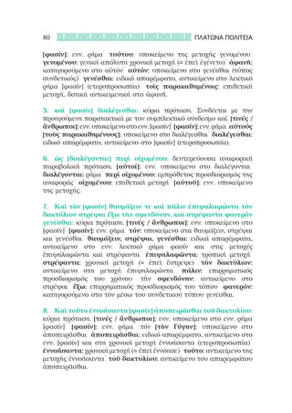80                                                 ΠΛΑΤΩΝΑ ΠΟΛΙΤΕΙΑ

[φασίν]: ενν. ρήμα˙ τούτου: υποκείμενο της μετοχής γενομένου˙
γενομένου: γενική απόλυτη χρονική μετοχή (= ἐπεὶ ἐγένετο)˙ ἀφανῆ:
κατηγορούμενο στο αὐτόν˙ αὐτόν: υποκείμενο στο γενέσθαι (τύπος
συνδετικός)˙ γενέσθαι: ειδικό απαρέμφατο, αντικείμενο στο λεκτικό
ρήμα [φασίν] (ετεροπροσωπία)˙ τοῖς παρακαθημένοις: επιθετική
μετοχή, δοτική αντικειμενική στο ἀφανῆ.

5.	 καὶ [φασίν] διαλέγεσθαι: κύρια πρόταση. Συνδέεται με την
προηγούμενη παρατακτικά με τον συμπλεκτικό σύνδεσμο καί. [τινές /
ἄνθρωποι]: ενν. υποκείμενο στο ενν. [φασίν]˙ [φασίν]: ενν. ρήμα˙ αὐτούς
[τοὺς παρακαθημένους]: υποκείμενο στο διαλέγεσθαι˙ διαλέγεσθαι:
ειδικό απαρέμφατο, αντικείμενο στο [φασίν] (ετεροπροσωπία).

6.	 ὡς [διαλέγονται] περὶ οἰχομένου: δευτερεύουσα αναφορική
παραβολική πρόταση. [αὐτοί]: ενν. υποκείμενο στο διαλέγονται˙
διαλέγονται: ρήμα˙ περὶ οἰχομένου: εμπρόθετος προσδιορισμός της
αναφοράς˙ οἰχομένου: επιθετική μετοχή˙ [αὐτοῦ]: ενν. υποκείμενο
της μετοχής.

7.	 Καὶ τὸν [φασίν] θαυμάζειν τε καὶ πάλιν ἐπιψηλαφῶντα τὸν
δακτύλιον στρέψαι ἔξω τὴν σφενδόνην, καὶ στρέψαντα φανερὸν
γενέσθαι: κύρια πρόταση. [τινές / ἄνθρωποι]: ενν. υποκείμενο στο
[φασίν]˙ [φασίν]: ενν. ρήμα˙ τόν: υποκείμενο στα θαυμάζειν, στρέψαι
και γενέσθαι˙ θαυμάζειν, στρέψαι, γενέσθαι: ειδικά απαρέμφατα,
αντικείμενο στο ενν. λεκτικό ρήμα φασίν και στις μετοχές
ἐπιψηλαφῶντα καὶ στρέψαντα˙ ἐπιψηλαφῶντα: τροπική μετοχή˙
στρέψαντα: χρονική μετοχή (= ἐπεὶ ἔστρεψε)˙ τὸν δακτύλιον:
αντικείμενο στη μετοχή ἐπιψηλαφῶντα˙ πάλιν: επιρρηματικός
προσδιορισμός του χρόνου˙ τὴν σφενδόνην: αντικείμενο στο
στρέψαι˙ ἔξω: επιρρηματικός προσδιορισμός του τόπου˙ φανερόν:
κατηγορούμενο στο τὸν μέσω του συνδετικού τύπου γενέσθαι.

8.	 Καὶ τοῦτο ἐννοήσαντα [φασίν] ἀποπειρᾶσθαι τοῦ δακτυλίου:
κύρια πρόταση. [τινές / ἄνθρωποι]: ενν. υποκείμενο στο ενν. ρήμα
[φασίν]˙ [φασίν]: ενν. ρήμα˙ τόν [τὸν Γύγην]: υποκείμενο στο
ἀποπειρᾶσθαι˙ ἀποπειρᾶσθαι: ειδικό απαρέμφατο, αντικείμενο στο
ενν. [φασίν] και στη χρονική μετοχή ἐννοήσαντα (ετεροπροσωπία)˙
ἐννοήσαντα: χρονική μετοχή (= ἐπεὶ ἐννόησε)˙ τοῦτο: αντικείμενο της
μετοχής ἐννοήσαντα˙ τοῦ δακτυλίου: αντικείμενο του απαρεμφάτου
ἀποπειρᾶσθαι.
 