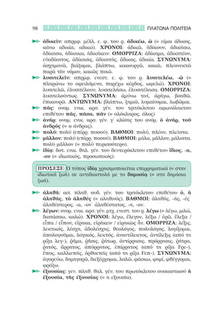98                                                  ΠΛΑΤΩΝΑ ΠΟΛΙΤΕΙΑ

     ἀδικεῖν: απρμφ. μέλλ. ε. φ. του ρ. ἀδικέω, ῶ (= είμαι άδικος,
     	
     κάνω αδικία, αδικώ). ΧΡΟΝΟΙ: ἀδικῶ, ἠδίκουν, ἀδικήσω,
     ἠδίκησα, ἠδίκηκα, ἠδικήκειν. ΟΜΟΡΡΙΖΑ: ἀδίκημα, ἀδικητέον,
     εὐαδίκητος, ἀδίκησις, ἀδικητής, ἄδικος, ἀδικία. ΣΥΝΩΝΥΜΑ:
     ἀσχημονῶ, βιάζομαι, βλάπτω, κακουργῶ, κακῶ, πλεονεκτῶ
     παρὰ τὸν νόμον, κακῶς ποιῶ.
     λυσιτελεῖν: απρμφ. ενεστ. ε. φ. του ρ. λυσιτελέω, -ῶ (=
     	
     πληρώνω το οφειλόμενο, παρέχω κέρδος, ωφελώ). ΧΡΟΝΟΙ:
     λυσιτελῶ, ἐλυσιτέλουν, λυσιτελήσω, ἐλυσιτέλησα. ΟΜΟΡΡΙΖΑ:
     λυσιτελούντως. ΣΥΝΩΝΥΜΑ: ἀμύνω τινί, ἀρήγω, βοηθῶ,
     ἐπικουρῶ. ΑΝΤΩΝΥΜΑ: βλάπτω, ζημιῶ, λυμαίνομαι, λωβῶμαι.
     πᾶς: ονομ. ενικ. αρσ. γέν. του τριτόκλιτου αφωνόληκτου
     	
     επιθέτου πᾶς, πᾶσα, πᾶν (= ολόκληρος, όλος)
     ἀνήρ: ονομ. ενικ. αρσ. γέν. γ’ κλίσης του ονόμ. ὁ ἀνήρ, τοῦ
     	
     ἀνδρός (= ο άνδρας).
     πολύ: πολύ (επίρρ. ποσού). ΒΑΘΜΟΙ: πολύ, πλέον, πλεῖστα.
     	
     μᾶλλον: πολύ (επίρρ. ποσού). ΒΑΘΜΟΙ: μάλα, μᾶλλον, μάλιστα.
     	
     πολὺ μᾶλλον (= πολύ περισσότερο).
     ἰδίᾳ: δοτ. ενικ. θηλ. γέν. του δευτερόκλιτου επιθέτου ἴδιος, -α,
     	
     -ον (= ιδιωτικός, προσωπικός).

 ΠΡΟΣΕΞΕ: Ο τύπος ἰδίᾳ χρησιμοποιείται επιρρηματικά (= στην
 ιδιωτική ζωή) σε αντιδιαστολή με το δημοσίᾳ (= στη δημόσια
 ζωή).

     ἀληθῆ: αιτ. πληθ. ουδ. γέν. του τριτόκλιτου επιθέτου ὁ, ἡ
     	
     ἀληθής, τὸ ἀληθές (= αληθινός). ΒΑΘΜΟΙ: ἀληθής, -ής, -ές˙
     ἀληθέστερος, -α, -ον˙ ἀληθέστατος, -η, -ον.
     λέγων: ονομ. ενικ. αρσ. γέν. μτχ. ενεστ. του ρ. λέγω (= λέγω, μιλώ,
     	
     διατάσσω, καλώ). ΧΡΟΝΟΙ: λέγω, ἔλεγον, λέξω / ἐρῶ, ἔλεξα /
     εἶπα / εἶπον, εἴρηκα, εἰρήκειν / εἰρηκὼς ἦν. ΟΜΟΡΡΙΖΑ: λέξις,
     λεκτικός, λέσχη, ἀδολέσχης, θεολόγος, πολυλόγος, λογίζομαι,
     ἀπολογοῦμαι, λογικός, λεκτός, ἀναντίλεκτος, ἀντίλεξις (από τη
     ρίζα λεγ-), ῥῆμα, ῥῆσις, ῥήτωρ, ἀντίρρησις, πρόρρησις, ῥήτρα,
     ῥητός, ἄρρητος, ἀπόρρητος, ἐπίρρητος (από τη ρίζα Fρε-),
     ἔπος, καλλιεπής, ὀρθοεπής (από τη ρίζα Fεπ-). ΣΥΝΩΝΥΜΑ:
     ἀγορεύω, δημηγορῶ, διεξέρχομαι, λαλῶ, φάσκω, φημί, φθέγγομαι,
     φράζω.
     ἐξουσίας: γεν. πληθ. θηλ. γέν. του πρωτόκλιτου ουσιαστικού ἡ
     	
     ἐξουσία, τῆς ἐξουσίας (= η εξουσία).
 