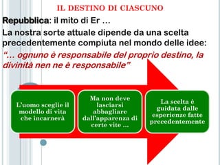 IL DESTINO DI CIASCUNO
Repubblica: il mito di Er …
La nostra sorte attuale dipende da una scelta
precedentemente compiuta nel mondo delle idee:
“… ognuno è responsabile del proprio destino, la
divinità nen ne è responsabile”


                         Ma non deve
                                              La scelta è
   L’uomo sceglie il        lasciarsi
                                             guidata dalle
    modello di vita       abbagliare
                                            esperienze fatte
    che incarnerà      dall’apparenza di
                                           precedentemente
                         certe vite …
 