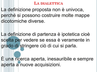 LA DIALETTICA
La definizione proposta non è univoca,
perché si possono costruire molte mappe
dicotomiche diverse.

La definizione di partenza è ipotetica cioè
scelta per vedere se essa è veramente in
grado di stringere ciò di cui si parla.

È una ricerca aperta, inesauribile e sempre
aperta a nuove acquisizioni.
 