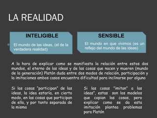 LA REALIDAD  INTELIGIBLE SENSIBLE  El mundo de las ideas, (el de la verdadera realidad) El mundo en que vivimos (es un reflejo del mundo de las ideas) A la hora de explicar como se manifiesta la relación entre estos dos mundos, el eterno de las ideas y de las cosas que nacen y mueren (mundo de la generación) Platón duda entre dos modos de relación, participación y la imitaciones ambos casos encuentra dificultad para inclinarse por alguno Si las cosas “participan” de las ideas, la idea estaría, en cierto modo, en las cosas que participan de ella, y por tanto separada de la misma  Si las cosas ”imitan” a las ideas”, estas  son los modelos que copian las cosas, pero explicar como se da esta imitación plantea problemas para Platón 