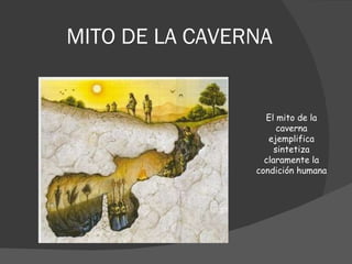 MITO DE LA CAVERNA El mito de la caverna ejemplifica sintetiza claramente la condición humana 