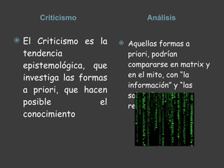 Criticismo Análisis El Criticismo es la tendencia epistemológica, que investiga las formas a priori, que hacen posible el conocimiento Aquellas formas a priori, podrían compararse en matrix y en el mito, con “la información” y “las sobras” respectivamente,  