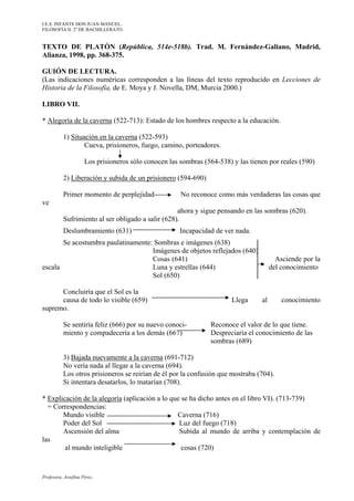 I.E.S. INFANTE DON JUAN MANUEL.
FILOSOFÍA II. 2º DE BACHILLERATO.


TEXTO DE PLATÓN (República, 514e-518b). Trad. M. Fernández-Galiano, Madrid,
Alianza, 1998, pp. 368-375.

GUIÓN DE LECTURA.
(Las indicaciones numéricas corresponden a las líneas del texto reproducido en Lecciones de
Historia de la Filosofía, de E. Moya y J. Novella, DM, Murcia 2000.)

LIBRO VII.

* Alegoría de la caverna (522-713): Estado de los hombres respecto a la educación.

          1) Situación en la caverna (522-593)
                  Cueva, prisioneros, fuego, camino, porteadores.

                     Los prisioneros sólo conocen las sombras (564-538) y las tienen por reales (590)

          2) Liberación y subida de un prisionero (594-690)

          Primer momento de perplejidad               No reconoce como más verdaderas las cosas que
ve
                                                   ahora y sigue pensando en las sombras (620).
          Sufrimiento al ser obligado a salir (628).
          Deslumbramiento (631)                       Incapacidad de ver nada.
       Se acostumbra paulatinamente: Sombras e imágenes (638)
                                    Imágenes de objetos reflejados (640)
                                    Cosas (641)                                          Asciende por la
escala                              Luna y estrellas (644)                             del conocimiento
                                    Sol (650)

      Concluiría que el Sol es la
      causa de todo lo visible (659)                                    Llega     al       conocimiento
supremo.

          Se sentiría feliz (666) por su nuevo conoci-          Reconoce el valor de lo que tiene.
          miento y compadecería a los demás (667)               Despreciaría el conocimiento de las
                                                                sombras (689)

          3) Bajada nuevamente a la caverna (691-712)
          No vería nada al llegar a la caverna (694).
          Los otros prisioneros se reirían de él por la confusión que mostraba (704).
          Si intentara desatarlos, lo matarían (708).

* Explicación de la alegoría (aplicación a lo que se ha dicho antes en el libro VI). (713-739)
  = Correspondencias:
       Mundo visible                            Caverna (716)
       Poder del Sol                             Luz del fuego (718)
       Ascensión del alma                        Subida al mundo de arriba y contemplación de
las
        al mundo inteligible                      cosas (720)



Profesora: Josefina Pérez.
 