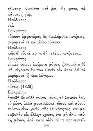 τῶντες· Κινεῖται καὶ ῥεῖ, ὥς φατε, τὰ
πάντα; ἦ γάρ;
Θεόδωρος
ναί.
Σωκράτης
οὐκοῦν ἀμφοτέρας ἃς διειλόμεθα κινήσεις,
φερόμενά τε καὶ ἀλλοιούμενα;
Θεόδωρος
πῶς δ᾽ οὔ; εἴπερ γε δὴ τελέως κινήσεται.
Σωκράτης
εἰ μὲν τοίνυν ἐφέρετο μόνον, ἠλλοιοῦτο δὲ
μή, εἴχομεν ἄν που εἰπεῖν οἷα ἄττα ῥεῖ τὰ
φερόμενα· ἢ πῶς λέγομεν;
Θεόδωρος
οὕτως. [182δ]
Σωκράτης
ἐπειδὴ δὲ οὐδὲ τοῦτο μένει, τὸ λευκὸν ῥεῖν
τὸ ῥέον, ἀλλὰ μεταβάλλει, ὥστε καὶ αὐτοῦ
τούτου εἶναι ῥοήν, τῆς λευκότητος, καὶ με-
ταβολὴν εἰς ἄλλην χρόαν, ἵνα μὴ ἁλῷ ταύ-
τῃ μένον, ἆρά ποτε οἷόν τέ τι προσειπεῖν
2546
 