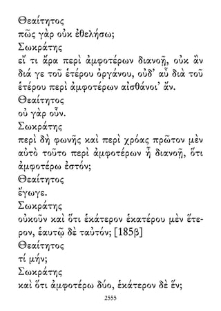 Θεαίτητος
πῶς γὰρ οὐκ ἐθελήσω;
Σωκράτης
εἴ τι ἄρα περὶ ἀμφοτέρων διανοῇ, οὐκ ἂν
διά γε τοῦ ἑτέρου ὀργάνου, οὐδ᾽ αὖ διὰ τοῦ
ἑτέρου περὶ ἀμφοτέρων αἰσθάνοι᾽ ἄν.
Θεαίτητος
οὐ γὰρ οὖν.
Σωκράτης
περὶ δὴ φωνῆς καὶ περὶ χρόας πρῶτον μὲν
αὐτὸ τοῦτο περὶ ἀμφοτέρων ἦ διανοῇ, ὅτι
ἀμφοτέρω ἐστόν;
Θεαίτητος
ἔγωγε.
Σωκράτης
οὐκοῦν καὶ ὅτι ἑκάτερον ἑκατέρου μὲν ἕτε-
ρον, ἑαυτῷ δὲ ταὐτόν; [185β]
Θεαίτητος
τί μήν;
Σωκράτης
καὶ ὅτι ἀμφοτέρω δύο, ἑκάτερον δὲ ἕν;
2555
 
