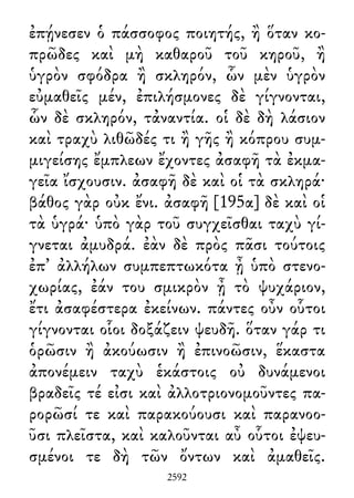 ἐπῄνεσεν ὁ πάσσοφος ποιητής, ἢ ὅταν κο-
πρῶδες καὶ μὴ καθαροῦ τοῦ κηροῦ, ἢ
ὑγρὸν σφόδρα ἢ σκληρόν, ὧν μὲν ὑγρὸν
εὐμαθεῖς μέν, ἐπιλήσμονες δὲ γίγνονται,
ὧν δὲ σκληρόν, τἀναντία. οἱ δὲ δὴ λάσιον
καὶ τραχὺ λιθῶδές τι ἢ γῆς ἢ κόπρου συμ-
μιγείσης ἔμπλεων ἔχοντες ἀσαφῆ τὰ ἐκμα-
γεῖα ἴσχουσιν. ἀσαφῆ δὲ καὶ οἱ τὰ σκληρά·
βάθος γὰρ οὐκ ἔνι. ἀσαφῆ [195α] δὲ καὶ οἱ
τὰ ὑγρά· ὑπὸ γὰρ τοῦ συγχεῖσθαι ταχὺ γί-
γνεται ἀμυδρά. ἐὰν δὲ πρὸς πᾶσι τούτοις
ἐπ᾽ ἀλλήλων συμπεπτωκότα ᾖ ὑπὸ στενο-
χωρίας, ἐάν του σμικρὸν ᾖ τὸ ψυχάριον,
ἔτι ἀσαφέστερα ἐκείνων. πάντες οὖν οὗτοι
γίγνονται οἷοι δοξάζειν ψευδῆ. ὅταν γάρ τι
ὁρῶσιν ἢ ἀκούωσιν ἢ ἐπινοῶσιν, ἕκαστα
ἀπονέμειν ταχὺ ἑκάστοις οὐ δυνάμενοι
βραδεῖς τέ εἰσι καὶ ἀλλοτριονομοῦντες πα-
ρορῶσί τε καὶ παρακούουσι καὶ παρανοο-
ῦσι πλεῖστα, καὶ καλοῦνται αὖ οὗτοι ἐψευ-
σμένοι τε δὴ τῶν ὄντων καὶ ἀμαθεῖς.
2592
 