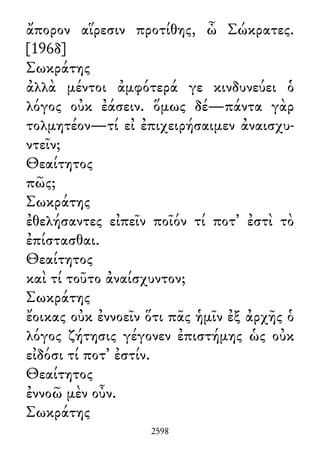 ἄπορον αἵρεσιν προτίθης, ὦ Σώκρατες.
[196δ]
Σωκράτης
ἀλλὰ μέντοι ἀμφότερά γε κινδυνεύει ὁ
λόγος οὐκ ἐάσειν. ὅμως δέ—πάντα γὰρ
τολμητέον—τί εἰ ἐπιχειρήσαιμεν ἀναισχυ-
ντεῖν;
Θεαίτητος
πῶς;
Σωκράτης
ἐθελήσαντες εἰπεῖν ποῖόν τί ποτ᾽ ἐστὶ τὸ
ἐπίστασθαι.
Θεαίτητος
καὶ τί τοῦτο ἀναίσχυντον;
Σωκράτης
ἔοικας οὐκ ἐννοεῖν ὅτι πᾶς ἡμῖν ἐξ ἀρχῆς ὁ
λόγος ζήτησις γέγονεν ἐπιστήμης ὡς οὐκ
εἰδόσι τί ποτ᾽ ἐστίν.
Θεαίτητος
ἐννοῶ μὲν οὖν.
Σωκράτης
2598
 