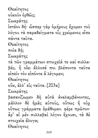 Θεαίτητος
οὐκοῦν ὀρθῶς;
Σωκράτης
ἰστέον δή· ὥσπερ γὰρ ὁμήρους ἔχομεν τοῦ
λόγου τὰ παραδείγματα οἷς χρώμενος εἶπε
πάντα ταῦτα.
Θεαίτητος
ποῖα δή;
Σωκράτης
τὰ τῶν γραμμάτων στοιχεῖά τε καὶ συλλα-
βάς. ἢ οἴει ἄλλοσέ ποι βλέποντα ταῦτα
εἰπεῖν τὸν εἰπόντα ἃ λέγομεν;
Θεαίτητος
οὔκ, ἀλλ᾽ εἰς ταῦτα. [203α]
Σωκράτης
βασανίζωμεν δὴ αὐτὰ ἀναλαμβάνοντες,
μᾶλλον δὲ ἡμᾶς αὐτούς, οὕτως ἢ οὐχ
οὕτως γράμματα ἐμάθομεν. φέρε πρῶτον·
ἆρ᾽ αἱ μὲν συλλαβαὶ λόγον ἔχουσι, τὰ δὲ
στοιχεῖα ἄλογα;
Θεαίτητος
2620
 