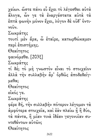 χείων. ὥστε πάνυ εὖ ἔχει τὸ λέγεσθαι αὐτὰ
ἄλογα, ὧν γε τὰ ἐναργέστατα αὐτὰ τὰ
ἑπτὰ φωνὴν μόνον ἔχει, λόγον δὲ οὐδ᾽ ὁντι-
νοῦν.
Σωκράτης
τουτὶ μὲν ἄρα, ὦ ἑταῖρε, κατωρθώκαμεν
περὶ ἐπιστήμης.
Θεαίτητος
φαινόμεθα. [203ξ]
Σωκράτης
τί δέ; τὸ μὴ γνωστὸν εἶναι τὸ στοιχεῖον
ἀλλὰ τὴν συλλαβὴν ἆρ᾽ ὀρθῶς ἀποδεδείγ-
μεθα;
Θεαίτητος
εἰκός γε.
Σωκράτης
φέρε δή, τὴν συλλαβὴν πότερον λέγομεν τὰ
ἀμφότερα στοιχεῖα, καὶ ἐὰν πλείω ᾖ ἢ δύο,
τὰ πάντα, ἢ μίαν τινὰ ἰδέαν γεγονυῖαν συ-
ντεθέντων αὐτῶν;
Θεαίτητος
2622
 