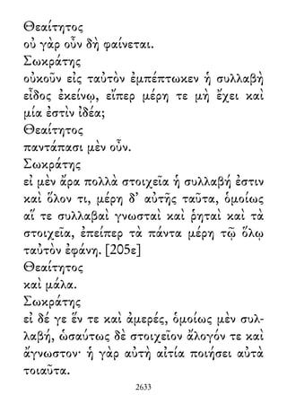 Θεαίτητος
οὐ γὰρ οὖν δὴ φαίνεται.
Σωκράτης
οὐκοῦν εἰς ταὐτὸν ἐμπέπτωκεν ἡ συλλαβὴ
εἶδος ἐκείνῳ, εἴπερ μέρη τε μὴ ἔχει καὶ
μία ἐστὶν ἰδέα;
Θεαίτητος
παντάπασι μὲν οὖν.
Σωκράτης
εἰ μὲν ἄρα πολλὰ στοιχεῖα ἡ συλλαβή ἐστιν
καὶ ὅλον τι, μέρη δ᾽ αὐτῆς ταῦτα, ὁμοίως
αἵ τε συλλαβαὶ γνωσταὶ καὶ ῥηταὶ καὶ τὰ
στοιχεῖα, ἐπείπερ τὰ πάντα μέρη τῷ ὅλῳ
ταὐτὸν ἐφάνη. [205ε]
Θεαίτητος
καὶ μάλα.
Σωκράτης
εἰ δέ γε ἕν τε καὶ ἀμερές, ὁμοίως μὲν συλ-
λαβή, ὡσαύτως δὲ στοιχεῖον ἄλογόν τε καὶ
ἄγνωστον· ἡ γὰρ αὐτὴ αἰτία ποιήσει αὐτὰ
τοιαῦτα.
2633
 