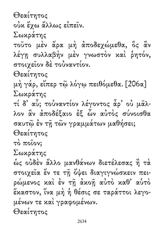 Θεαίτητος
οὐκ ἔχω ἄλλως εἰπεῖν.
Σωκράτης
τοῦτο μὲν ἄρα μὴ ἀποδεχώμεθα, ὃς ἂν
λέγῃ συλλαβὴν μὲν γνωστὸν καὶ ῥητόν,
στοιχεῖον δὲ τοὐναντίον.
Θεαίτητος
μὴ γάρ, εἴπερ τῷ λόγῳ πειθόμεθα. [206α]
Σωκράτης
τί δ᾽ αὖ; τοὐναντίον λέγοντος ἆρ᾽ οὐ μᾶλ-
λον ἂν ἀποδέξαιο ἐξ ὧν αὐτὸς σύνοισθα
σαυτῷ ἐν τῇ τῶν γραμμάτων μαθήσει;
Θεαίτητος
τὸ ποῖον;
Σωκράτης
ὡς οὐδὲν ἄλλο μανθάνων διετέλεσας ἢ τὰ
στοιχεῖα ἔν τε τῇ ὄψει διαγιγνώσκειν πει-
ρώμενος καὶ ἐν τῇ ἀκοῇ αὐτὸ καθ᾽ αὑτὸ
ἕκαστον, ἵνα μὴ ἡ θέσις σε ταράττοι λεγο-
μένων τε καὶ γραφομένων.
Θεαίτητος
2634
 