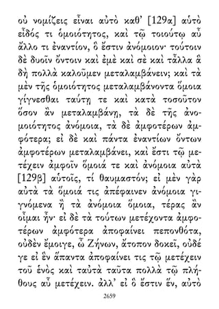 οὐ νομίζεις εἶναι αὐτὸ καθ᾽ [129α] αὑτὸ
εἶδός τι ὁμοιότητος, καὶ τῷ τοιούτῳ αὖ
ἄλλο τι ἐναντίον, ὃ ἔστιν ἀνόμοιον· τούτοιν
δὲ δυοῖν ὄντοιν καὶ ἐμὲ καὶ σὲ καὶ τἆλλα ἃ
δὴ πολλὰ καλοῦμεν μεταλαμβάνειν; καὶ τὰ
μὲν τῆς ὁμοιότητος μεταλαμβάνοντα ὅμοια
γίγνεσθαι ταύτῃ τε καὶ κατὰ τοσοῦτον
ὅσον ἂν μεταλαμβάνῃ, τὰ δὲ τῆς ἀνο-
μοιότητος ἀνόμοια, τὰ δὲ ἀμφοτέρων ἀμ-
φότερα; εἰ δὲ καὶ πάντα ἐναντίων ὄντων
ἀμφοτέρων μεταλαμβάνει, καὶ ἔστι τῷ με-
τέχειν ἀμφοῖν ὅμοιά τε καὶ ἀνόμοια αὐτὰ
[129β] αὑτοῖς, τί θαυμαστόν; εἰ μὲν γὰρ
αὐτὰ τὰ ὅμοιά τις ἀπέφαινεν ἀνόμοια γι-
γνόμενα ἢ τὰ ἀνόμοια ὅμοια, τέρας ἂν
οἶμαι ἦν· εἰ δὲ τὰ τούτων μετέχοντα ἀμφο-
τέρων ἀμφότερα ἀποφαίνει πεπονθότα,
οὐδὲν ἔμοιγε, ὦ Ζήνων, ἄτοπον δοκεῖ, οὐδέ
γε εἰ ἓν ἅπαντα ἀποφαίνει τις τῷ μετέχειν
τοῦ ἑνὸς καὶ ταὐτὰ ταῦτα πολλὰ τῷ πλή-
θους αὖ μετέχειν. ἀλλ᾽ εἰ ὃ ἔστιν ἕν, αὐτὸ
2659
 
