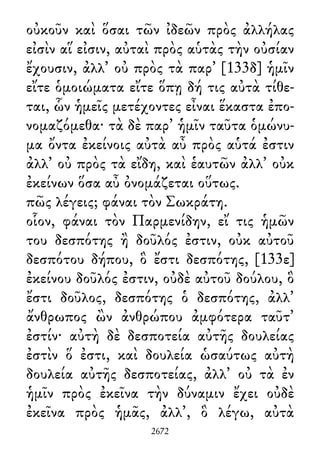 οὐκοῦν καὶ ὅσαι τῶν ἰδεῶν πρὸς ἀλλήλας
εἰσὶν αἵ εἰσιν, αὐταὶ πρὸς αὑτὰς τὴν οὐσίαν
ἔχουσιν, ἀλλ᾽ οὐ πρὸς τὰ παρ᾽ [133δ] ἡμῖν
εἴτε ὁμοιώματα εἴτε ὅπῃ δή τις αὐτὰ τίθε-
ται, ὧν ἡμεῖς μετέχοντες εἶναι ἕκαστα ἐπο-
νομαζόμεθα· τὰ δὲ παρ᾽ ἡμῖν ταῦτα ὁμώνυ-
μα ὄντα ἐκείνοις αὐτὰ αὖ πρὸς αὑτά ἐστιν
ἀλλ᾽ οὐ πρὸς τὰ εἴδη, καὶ ἑαυτῶν ἀλλ᾽ οὐκ
ἐκείνων ὅσα αὖ ὀνομάζεται οὕτως.
πῶς λέγεις; φάναι τὸν Σωκράτη.
οἷον, φάναι τὸν Παρμενίδην, εἴ τις ἡμῶν
του δεσπότης ἢ δοῦλός ἐστιν, οὐκ αὐτοῦ
δεσπότου δήπου, ὃ ἔστι δεσπότης, [133ε]
ἐκείνου δοῦλός ἐστιν, οὐδὲ αὐτοῦ δούλου, ὃ
ἔστι δοῦλος, δεσπότης ὁ δεσπότης, ἀλλ᾽
ἄνθρωπος ὢν ἀνθρώπου ἀμφότερα ταῦτ᾽
ἐστίν· αὐτὴ δὲ δεσποτεία αὐτῆς δουλείας
ἐστὶν ὅ ἐστι, καὶ δουλεία ὡσαύτως αὐτὴ
δουλεία αὐτῆς δεσποτείας, ἀλλ᾽ οὐ τὰ ἐν
ἡμῖν πρὸς ἐκεῖνα τὴν δύναμιν ἔχει οὐδὲ
ἐκεῖνα πρὸς ἡμᾶς, ἀλλ᾽, ὃ λέγω, αὐτὰ
2672
 