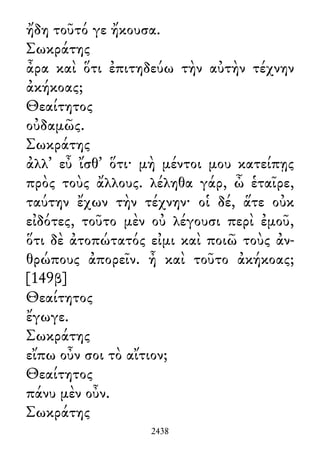 ἤδη τοῦτό γε ἤκουσα.
Σωκράτης
ἆρα καὶ ὅτι ἐπιτηδεύω τὴν αὐτὴν τέχνην
ἀκήκοας;
Θεαίτητος
οὐδαμῶς.
Σωκράτης
ἀλλ᾽ εὖ ἴσθ᾽ ὅτι· μὴ μέντοι μου κατείπῃς
πρὸς τοὺς ἄλλους. λέληθα γάρ, ὦ ἑταῖρε,
ταύτην ἔχων τὴν τέχνην· οἱ δέ, ἅτε οὐκ
εἰδότες, τοῦτο μὲν οὐ λέγουσι περὶ ἐμοῦ,
ὅτι δὲ ἀτοπώτατός εἰμι καὶ ποιῶ τοὺς ἀν-
θρώπους ἀπορεῖν. ἦ καὶ τοῦτο ἀκήκοας;
[149β]
Θεαίτητος
ἔγωγε.
Σωκράτης
εἴπω οὖν σοι τὸ αἴτιον;
Θεαίτητος
πάνυ μὲν οὖν.
Σωκράτης
2438
 
